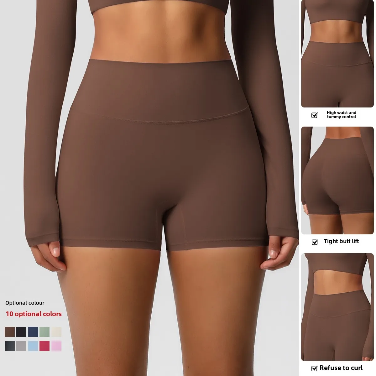 New Women's Breathable Quick Drying Solid Color-sided Brushed High Waist Tight Lifting Yoga Shorts-Ideal for Running