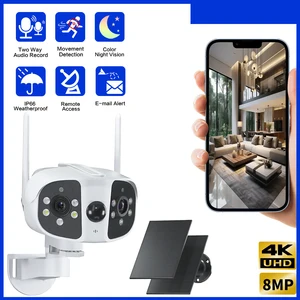 4K 8MP 180 ° wide-angle dual lens WIFI wireless security outdoor built-in battery video monitoring camera dual solar panel