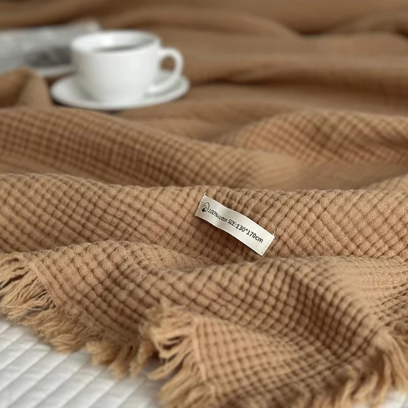 Four-Layer Crepe Yarn Tassel Cotton Blanket Gauze Nap Thin Blanket Living Room Office Car Camping Nap Blanket Available Coraline 4