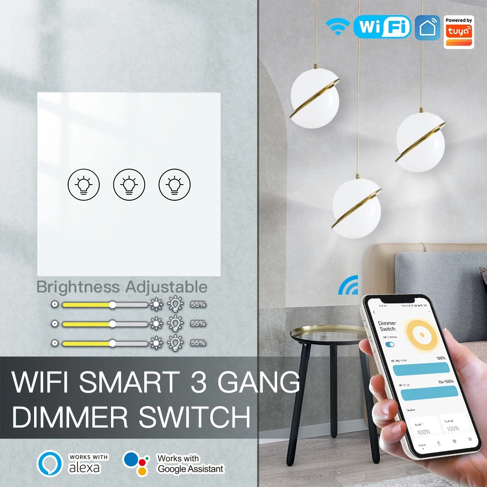 

Tuya WiFi Smart Dimmer Switch 1/2/3 Gang Smart Light Brightness Adjustment Control EU Panel Switch for Alexa Google Home