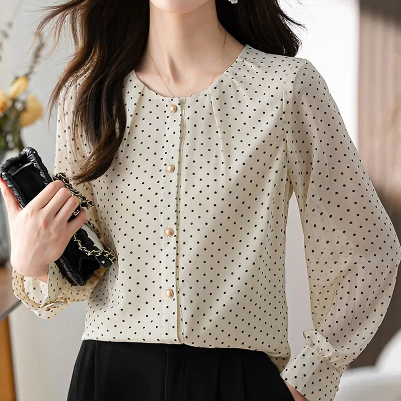 

Women Button Up Tops Round Collar Clothes Autumn New Long Sleeve Chiffon Blouse Office Lady Fashion Polka Dot Shirt Blusas 29312