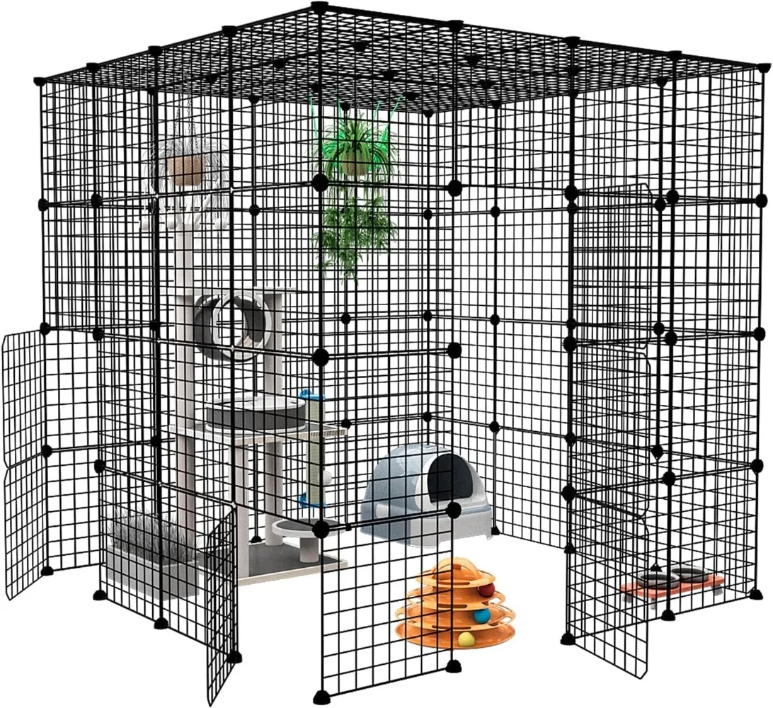 Large Cat Cage Enclosure Indoor Cat Playpen Metal Wire 4-Tier Kennels Crate Ideal for 1-4 Cats 55L x 55W x 55H Inch Black