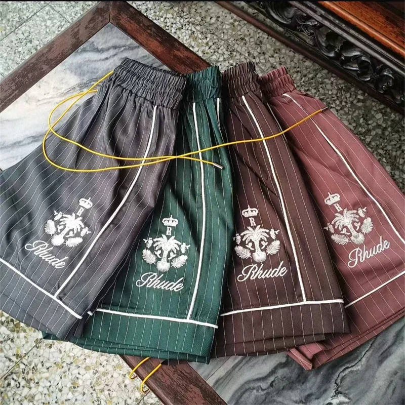 

23SS High Quality Rhude Coconut Embroidery Vertical Striped Shorts Men Women 1:1 Top Quality Casual Breeches Apex Legends