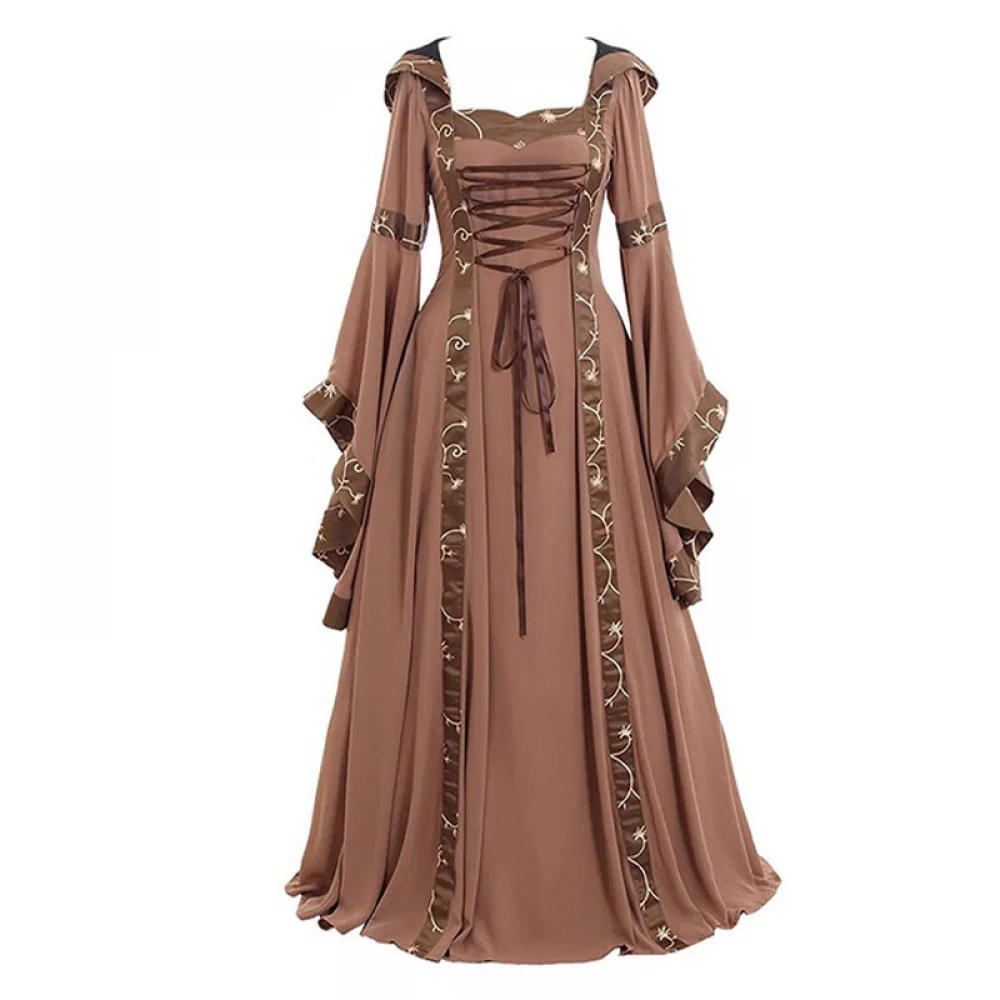 thumbnail image 1 of Vestido de bruja gótica victoriana para mujer, vestido medieval renacentista, mangas de trompeta, traje de demonio para carnaval de Halloween, 1 of 5