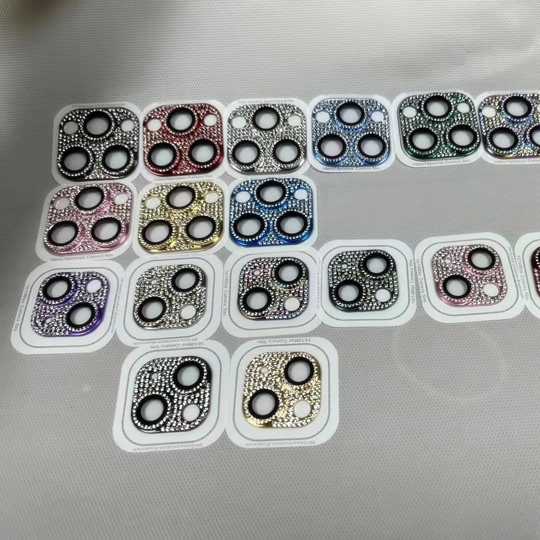 For iPhone 15 14 Pro Max 13 12 11 Plus 14Pro Purple Rhinestone Diamond Round Metal Rear Camera Back Lens Bling Protector Cover