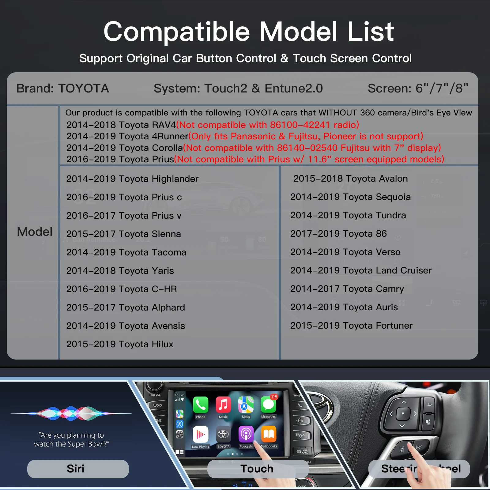 Drahtlose CarPlay Für TOYOTA 2014-2019 HIGHLANDER 4Runner Tundra RAV4 Tacoma Land Curiser Prado Auris Avalon Android Auto decoder