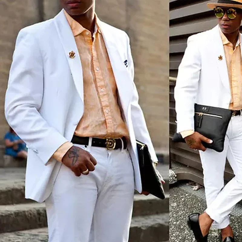 White Slim Fit Business Men Suit For Wedding Shawl Lapel Custom Groom Tuxedo 2 Piece Male Blazer+Pants