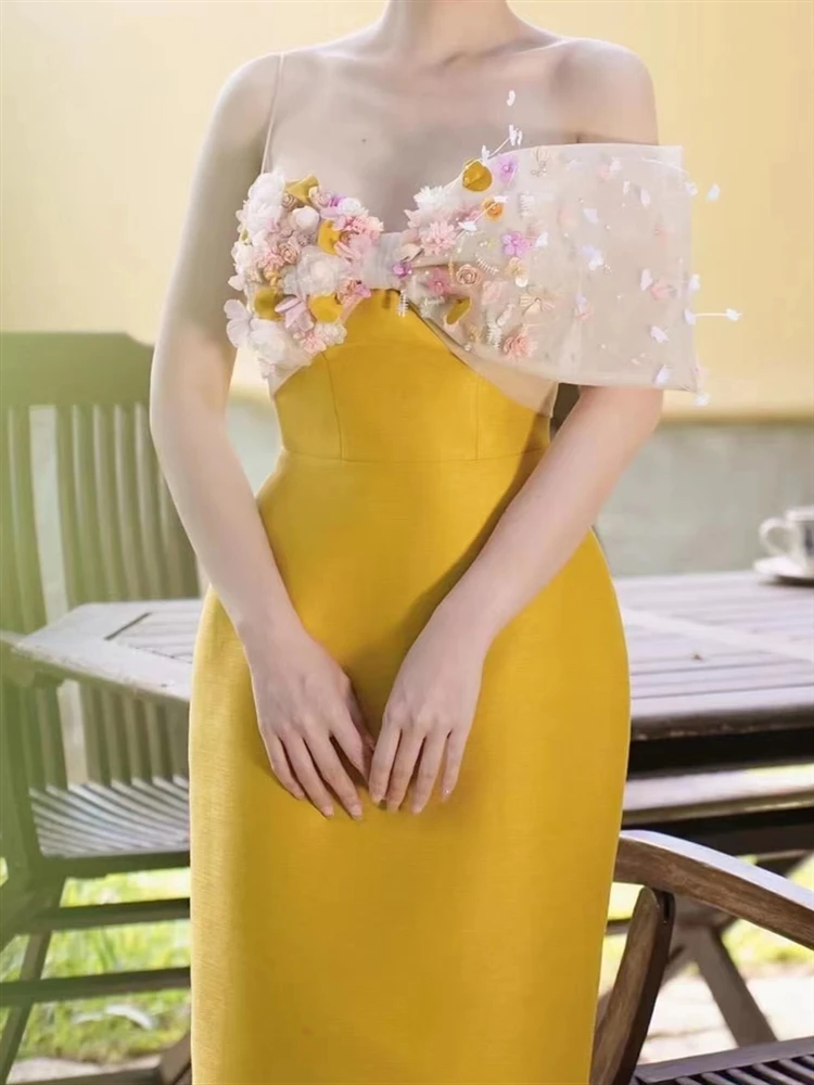 

Runway Summer Party Dress Sundress Women 2022 Backless Lace Beach Embroidery Sexy Boho Sleeveless Solid Yellow Woman Dresses