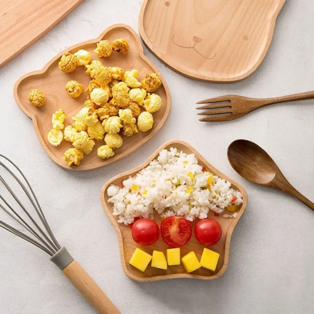 Wood Plate Cute Cartoon Cat Bear Solid Wood Fruit Dishes Tea Tray Dessert Dinner Plate Tableware For Serving Kids Baby