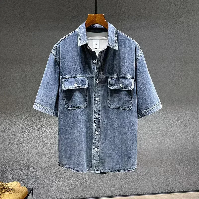 Denim Shirt Men's Summer Denim Short-sleeved Retro Large Size Tooling Loose Casual Tops All-match 7XL 8XL denim shirt
