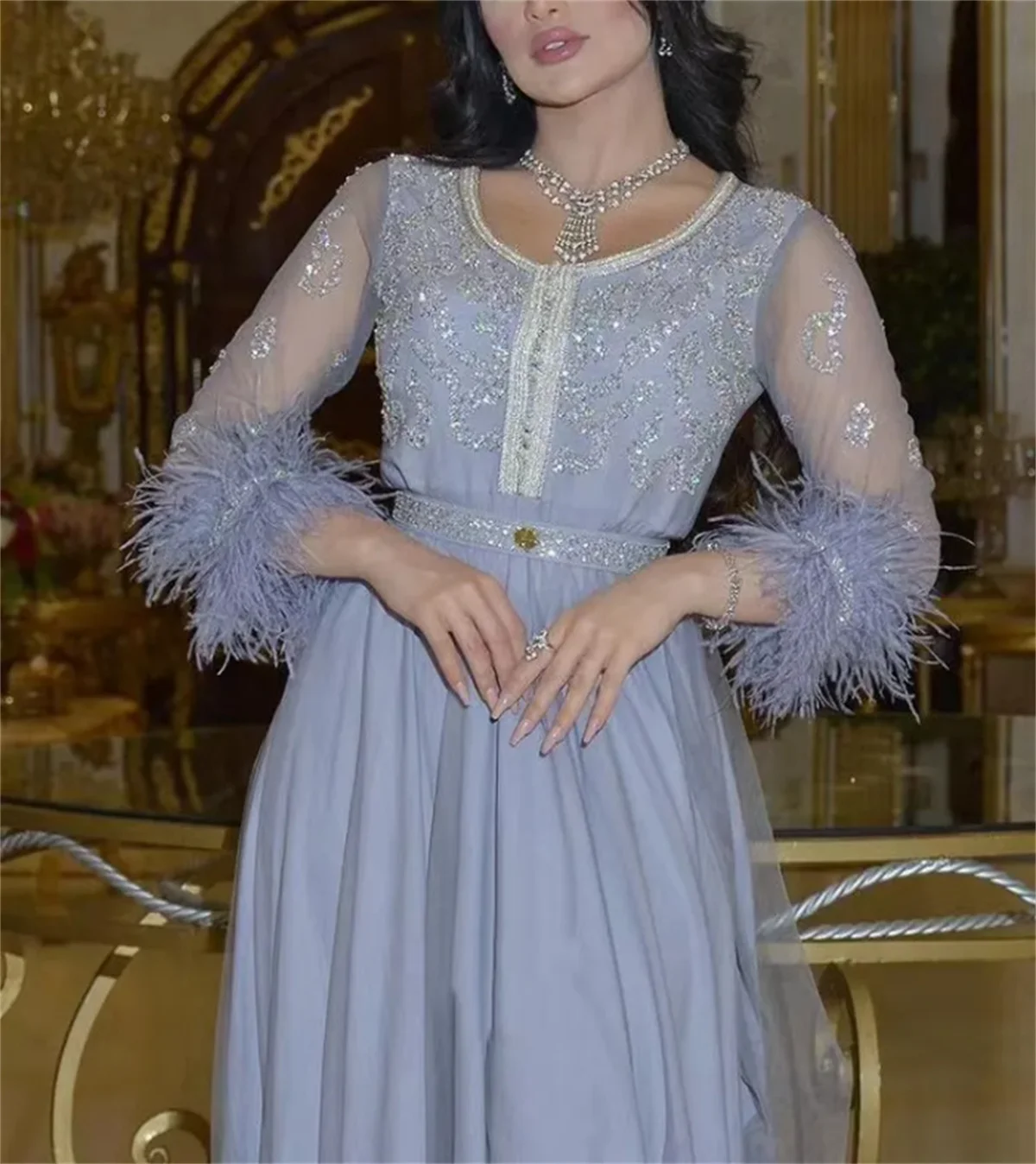Classic Muslim Evening Dress Purple V-Neck Long Sleeve Slit to the Floor Gown Gold Lace Appliqu&eacute; Belt Belt Elegant Vestidos