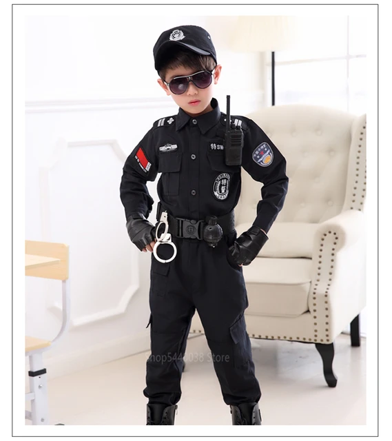 Jungen Polizei Kostüm Rolle verkleiden Polizei Uniform Hut Walkie-Talkie  Pfeife Schlagstock Abzeichen Kinderspiel zeug Geschenke - AliExpress