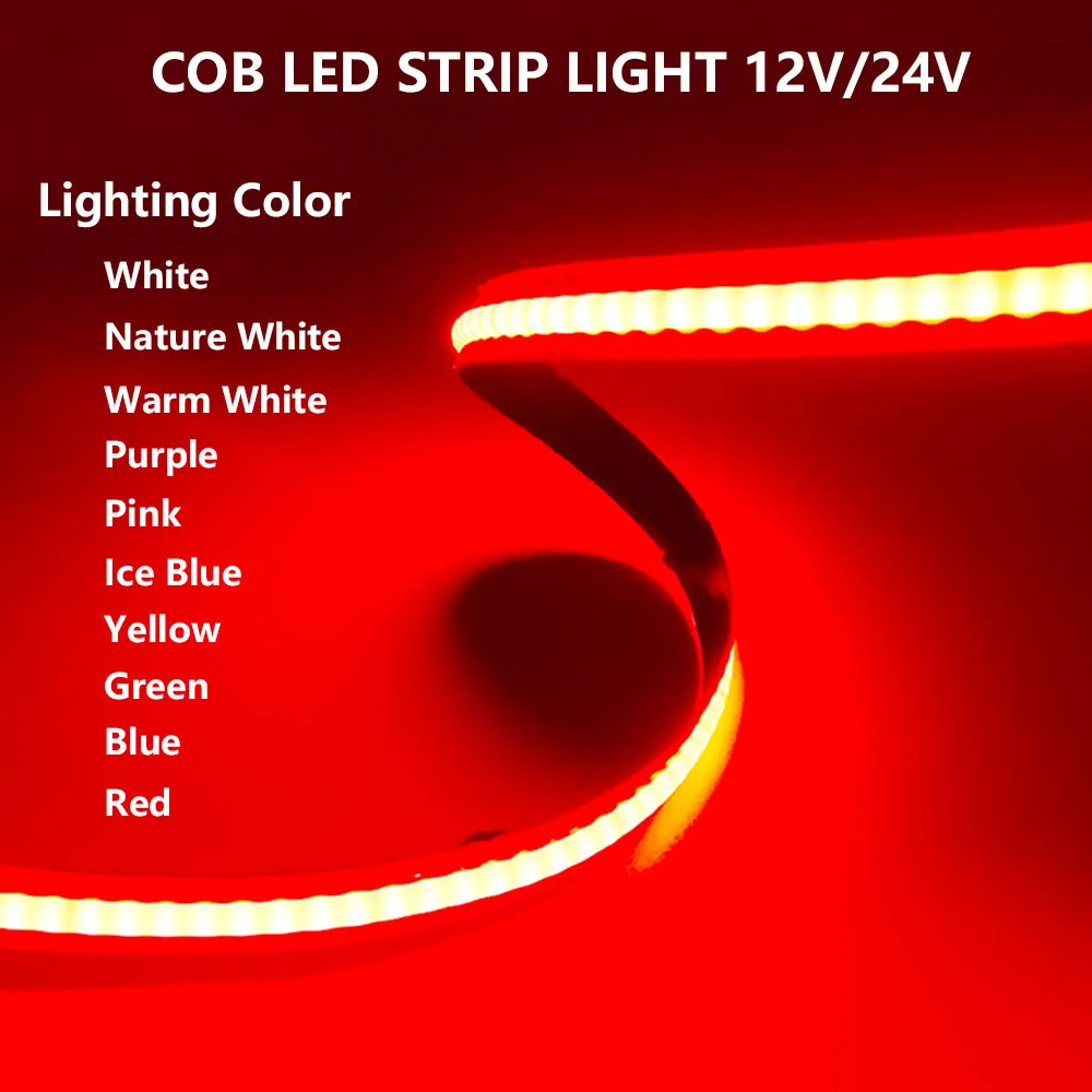COB LED Strip Light 12V 24V Red Blue Green Yellow Purple Pink 320LEDs ...