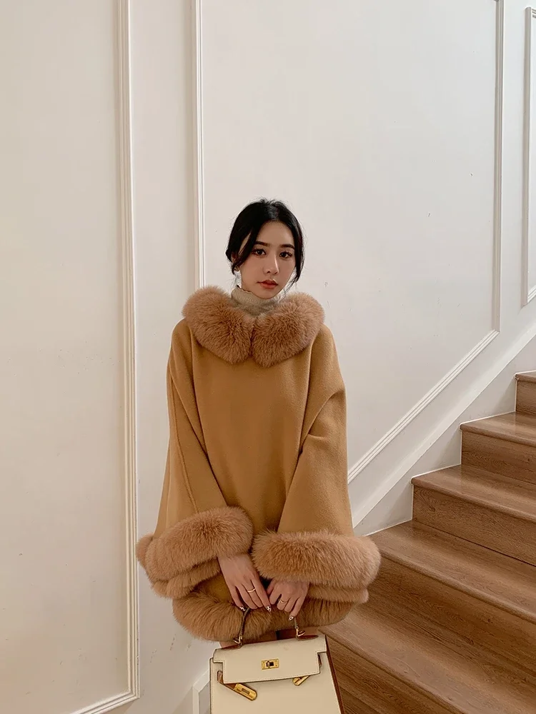 Fox Fur Collar Coat Cloak Fur Loose Woolen Autumn Winter Long Pullover Slim Warm Thick Outerwear Solid Jackets for Women Clothes