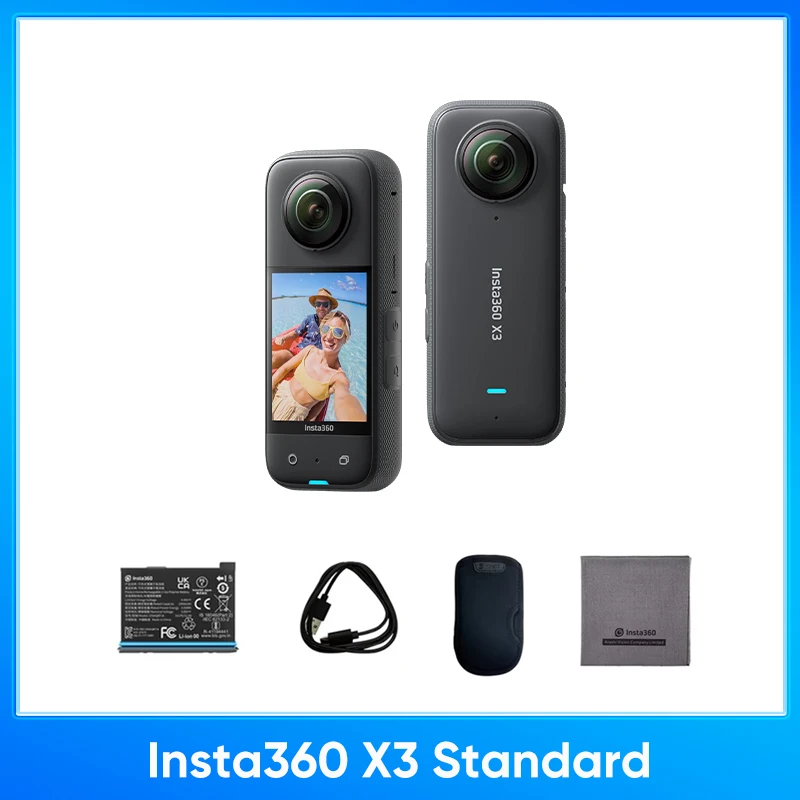 Insta360 X3 - מצלמת פעולה 360 מעלות עמידה במים עם חיישנים בגודל 1/2 אינץ '48 מגה פיקסל, רזולוציה של וידאו HDR פעילה ברזולוציה של 5.7K 360 מעלות, 72 מגה פיקסל