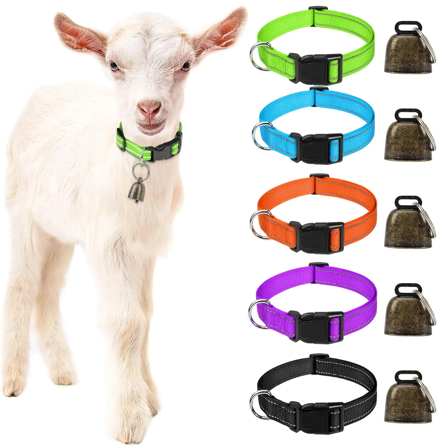 

Reflective Goat Collars with Bells, Cow, Horse, Sheep Grazing Copper Bells, Adjustable Nylon Collar Set, 5 Pack