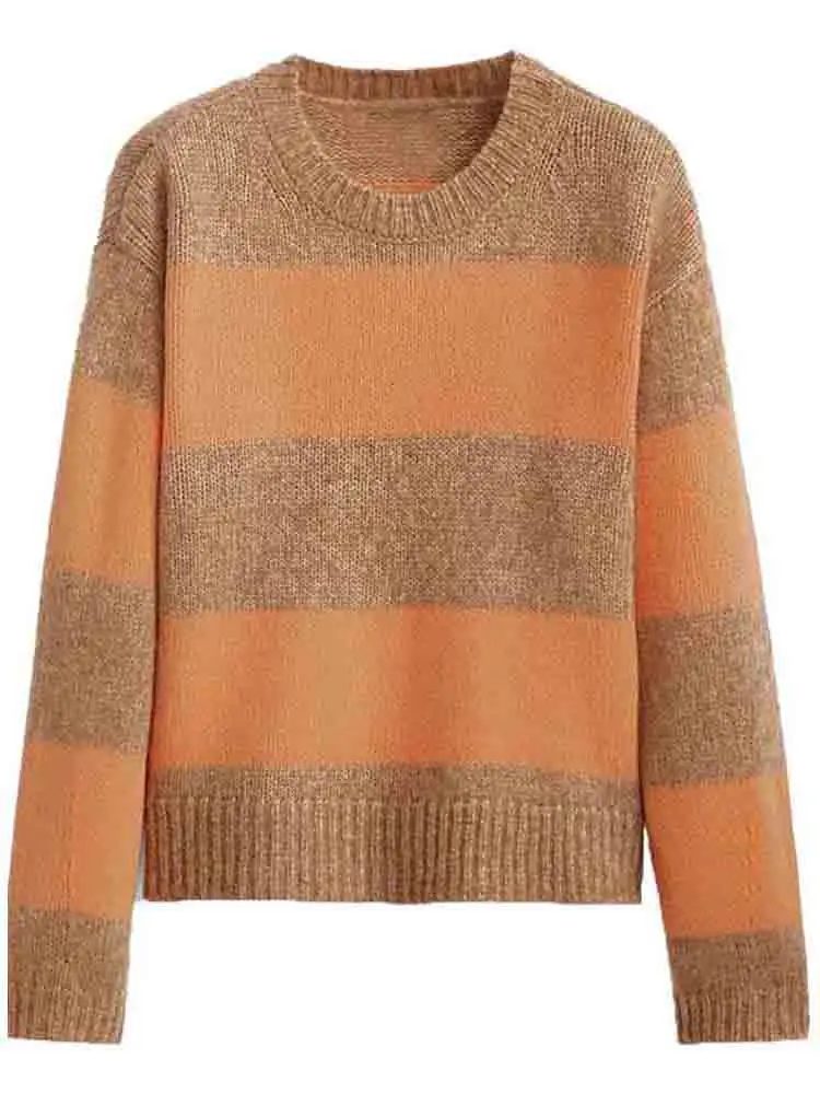 

Women 2023 Autumn New Fashion Casual Wide Striped Knit Retro Long Sleeve Chic Round Neck All-match Sweater Mujer