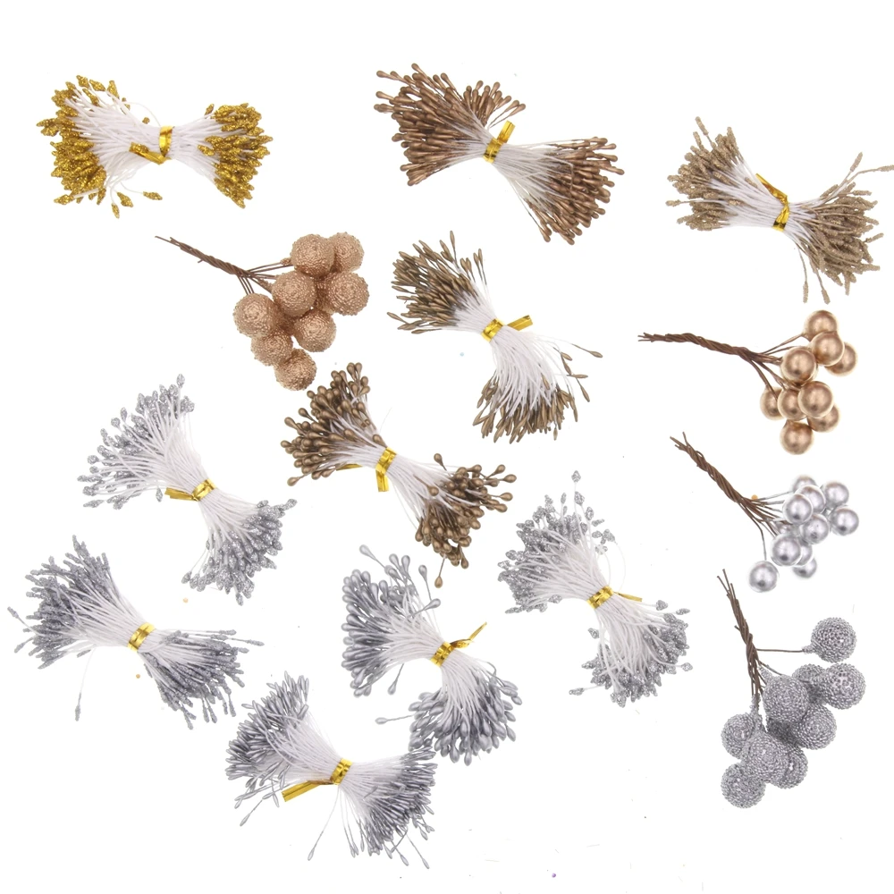 10/12/90pcs Silver Gold Mixed  Artificial Flower Cherry Stamen Berries Bundle DIY Fake Christmas Wedding Gift Box Wreath Decor
