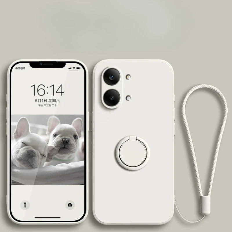 Liquid Silicone Ring Stand Phone Case with Lanyard and Soft TPU Holder