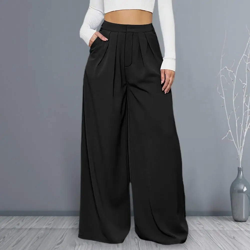 

Women Pants Pleated High Waist Wide Leg Full Length Solid Color Commute Loose Deep Crotch Women Summer Trousers Female Clothes