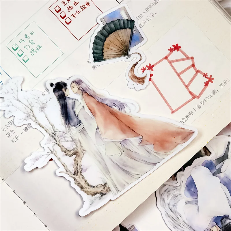 12pcs Cute Hand Account Stickers Ancient Style Juvenile Anime Character Translucent Decoration Tool Journaling Stationery