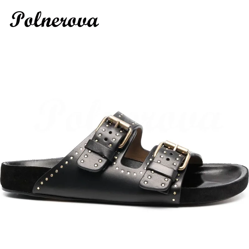 Fashion Rivet Leather Flat Comfortable Slippers Outerwear Beach Shoes Women's Vacation Flip Flops Comfortable Casual Sandals