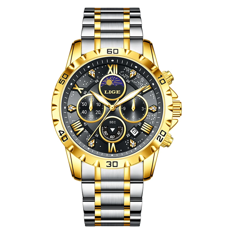 LIGE Luxury Stainless Steel Luminous Men's Chronograph Watch