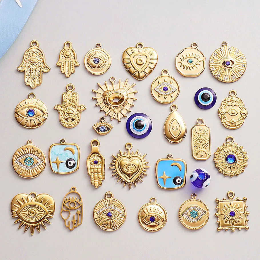 6 Stück echt vergoldete blau/dunkelblaue Strass-Böser-Blick-Anhänger aus Edelstahl, türkische Augen-Charms für Schmuckherstellung.