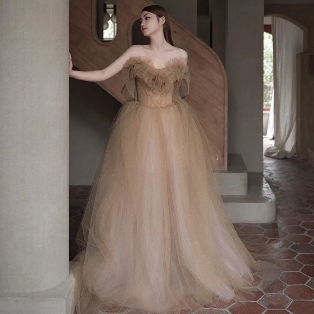 

Khaki Prom Dress Boat Neck Sweetheart A Line French Style A-Line Applique Lace Tulle Boho Celebrity Beach Party Evening Gown New