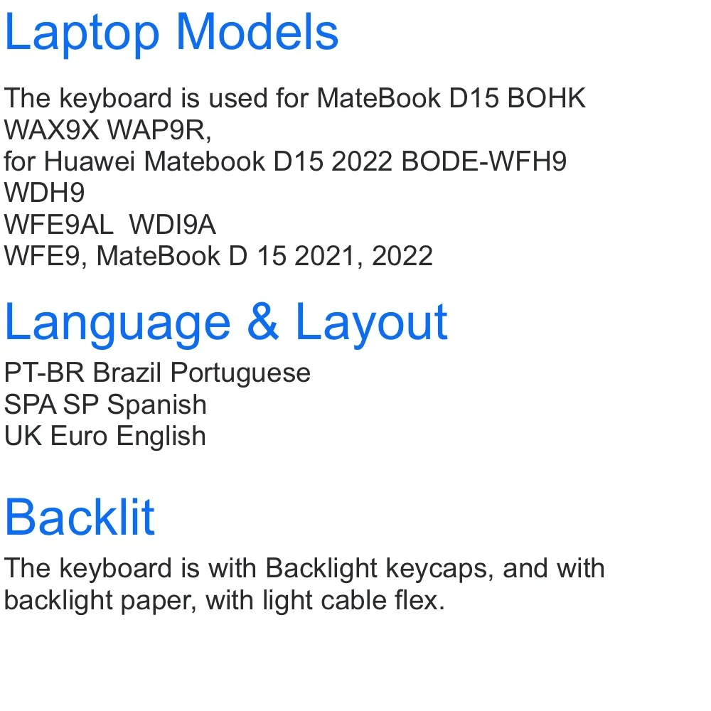 Teclado Retroiluminado para Huawei Matebook Espanhol Reino Unido Brasil Teclados D15 Bohk Wax9x Wap9r Bode-wfh9 Wdh9 Wfe9al Wfe9 2023 - Imagem 4