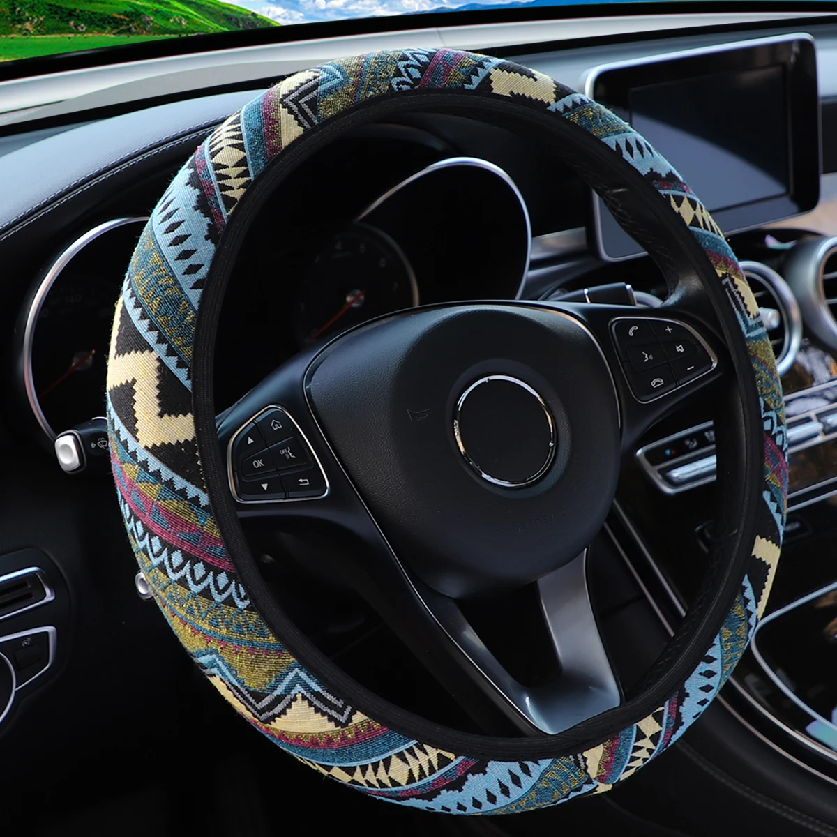 Bohemian-Stil Leinen Atmungsaktiver Rutschfester Auto-Ornament Ohne Innenring Lenkradbezug Passend für 14,5-15 Zoll – Detail 9