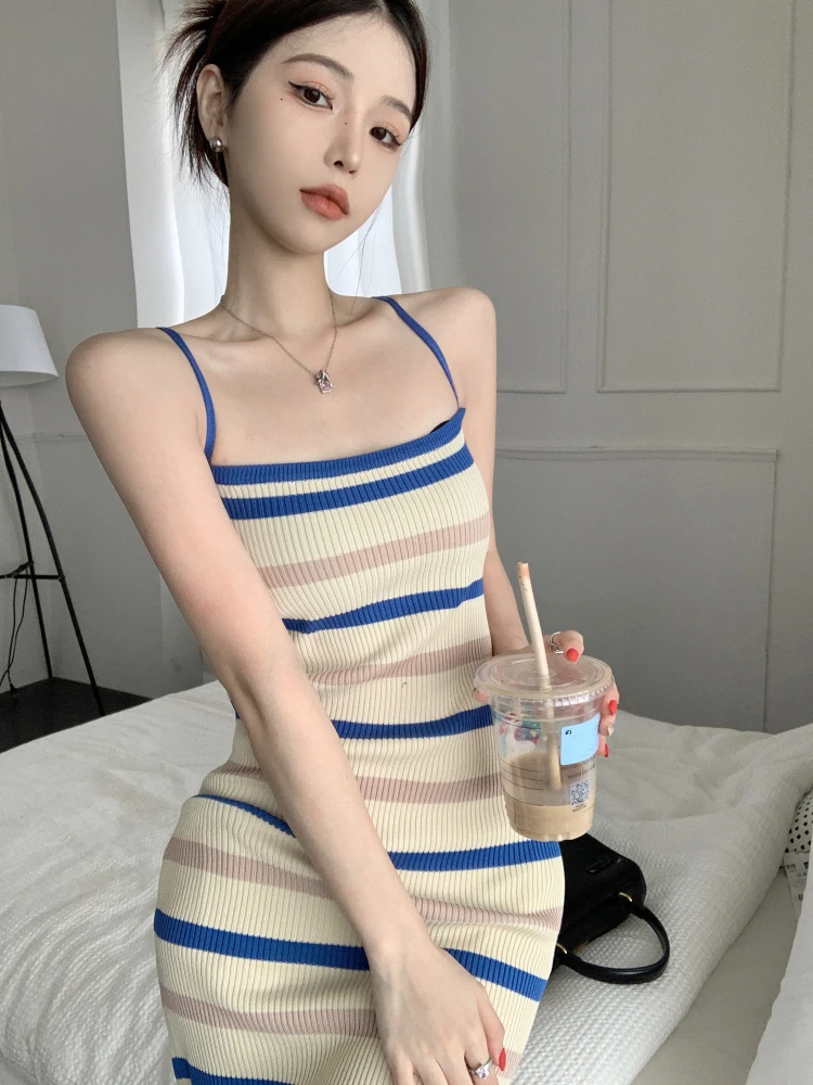 Elegant Camisole Dress for Women's Summer New Sleeveless Slim fit Knitted Striped Mid Length Dresses