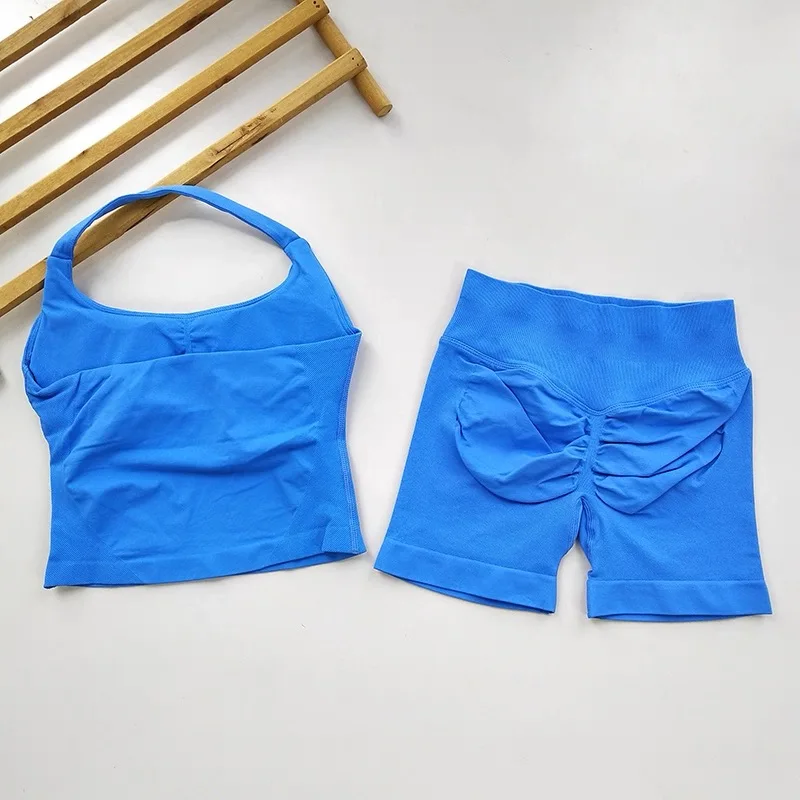 2PCs Peach High Waist Belly Hip Lifting Sports Bras Shorts Suit Gathering Shock-proof Neck Halter Yoga Suit Running Fitness Set