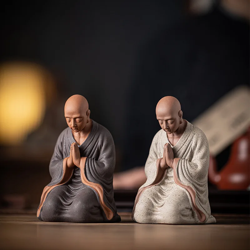 Chinese Style Purple Sand Small Monk Ornaments, Zen Ceramic Figures, Living Room Tabletop Decorations, Fish Tank Landscaping