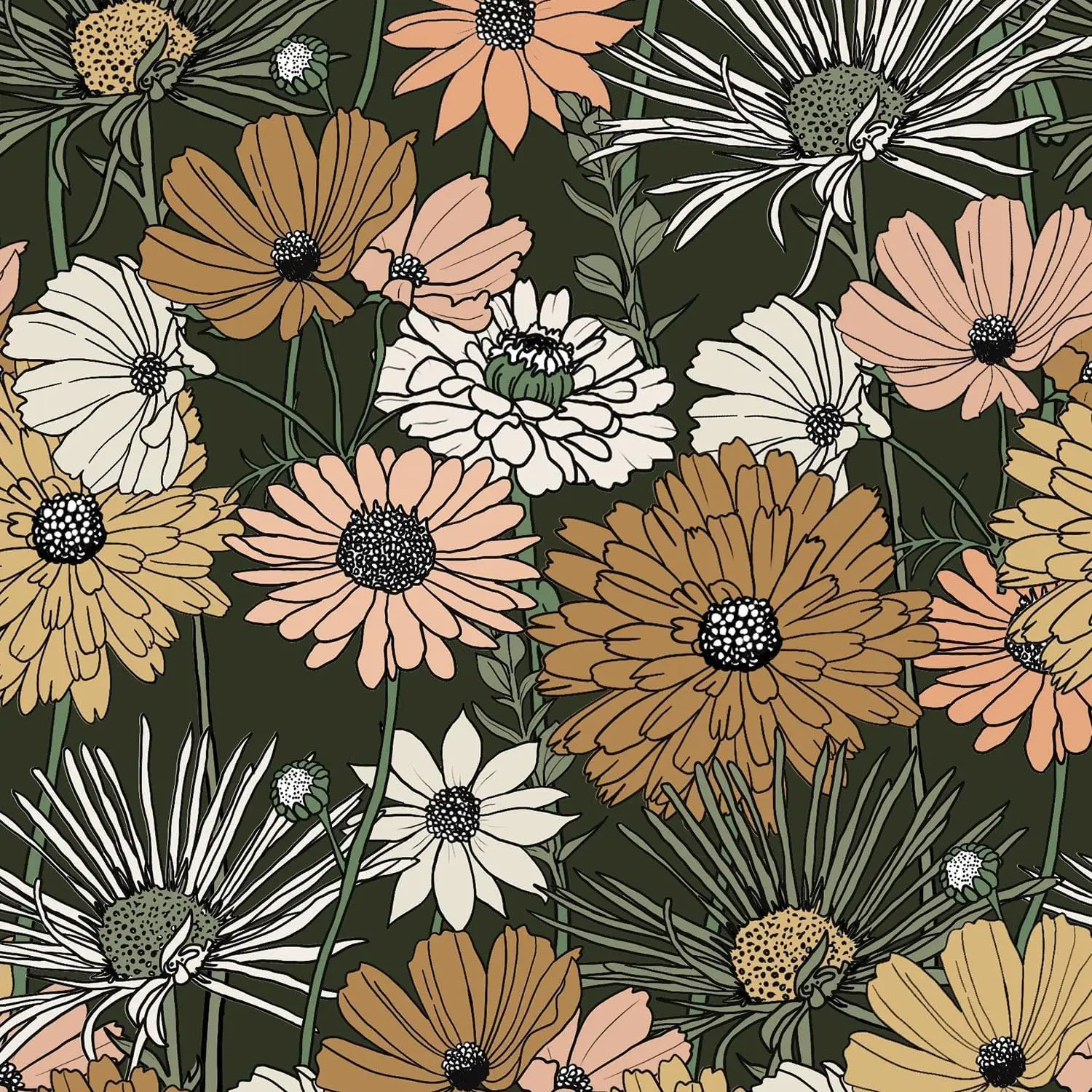 Papel de Parede Removível Auto-adesivo Boho Flower Contact Paper Casca e Vara Texturizado Folha Verde Vintage Margarida Mural Decor Retro