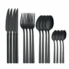 Western Cutlery Set 16 Piece Black Cutlery Kitchen Tableware Forks Spoons Knives Set Dinnerware Mirror Silverware Set Flatware