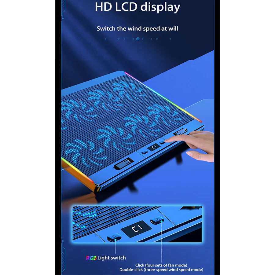 RGB 노트북 라디에이터, 8 팬 LED 스크린, USB 포트 2 개, 고속 회전 무음 모터 쿨러 노트북 스탠드, 다중 노트북 크기