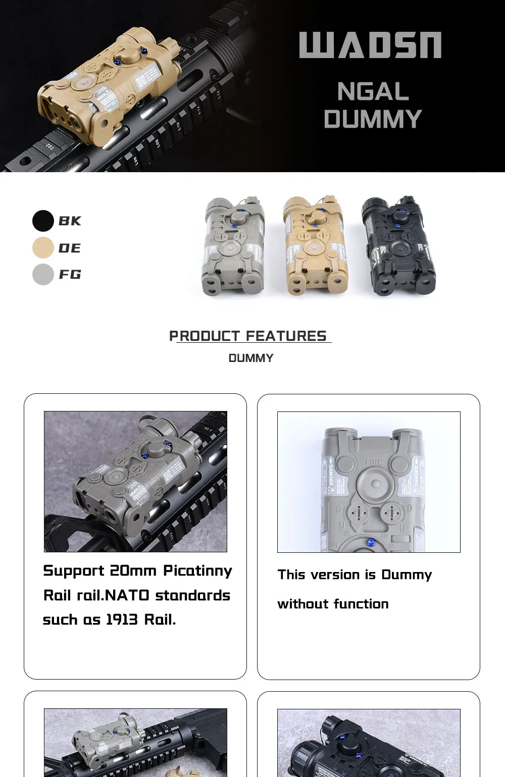 WADSN Taktisches NGAL-Dummy-Batteriegehäuse für 20 mm Picatinny-Schiene, Airsoft-Spielzeugpistole, Zubehör, keine Funktion – Detail 1