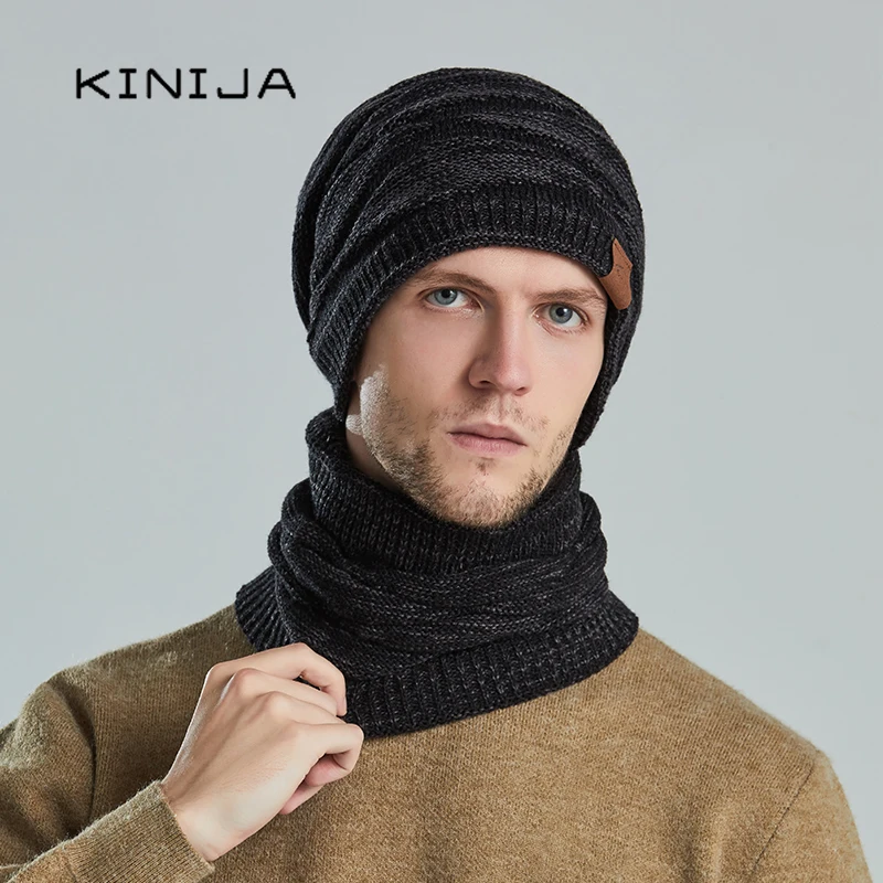 hat scarf set winter men knit bonnets for women outdoor ski cycling plush neck warm windproof cap famle wool thicken Beanies 3
