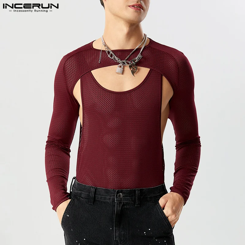 

INCERUN Men Bodysuits Mesh O-neck Long Sleeve Hollow Out Male Rompers T Shirts Sexy Solid Transparent Streetwear Bodysuit S-3XL