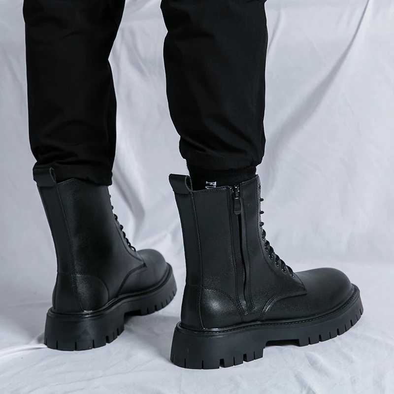 Black Ankle Boots for Men Lace-up Zipper Pu Safety Shoes