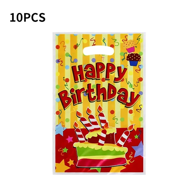thumbnail image 1 of 10/20 piezas de bolsas de regalo impresas, bolsas de plástico para embalaje con temática de cumpleaños, dulces coloridos, suministros para fiestas de cumpleaños de niños, 1 of 5