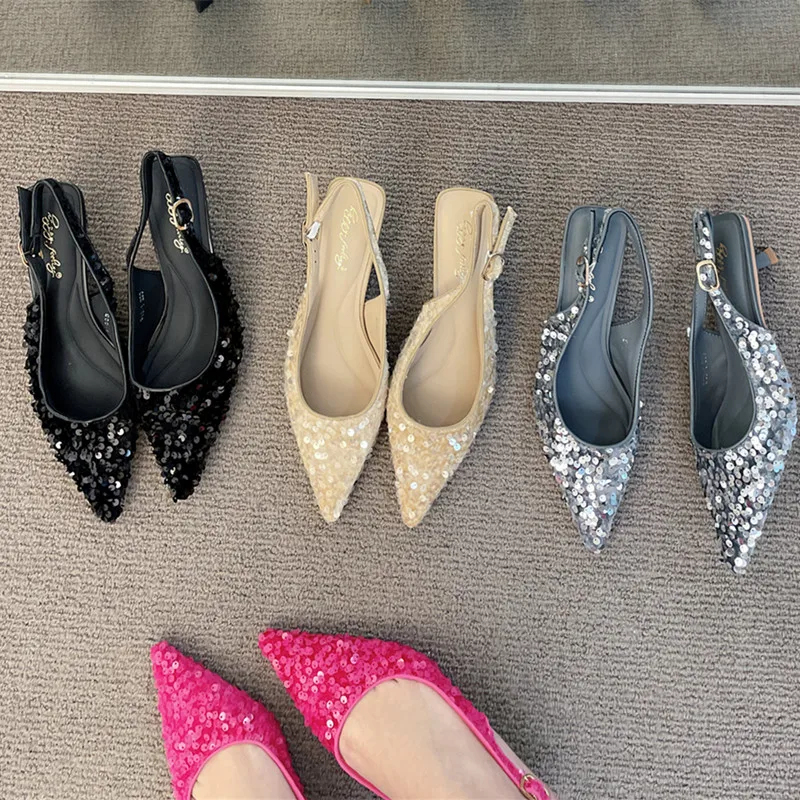 Bailamos New Bling Women Sandals Fashion Pointed Toe Shallow Slip On Ladies Elegant Slingback Shoes Med Heel Pumps Shoes Size40