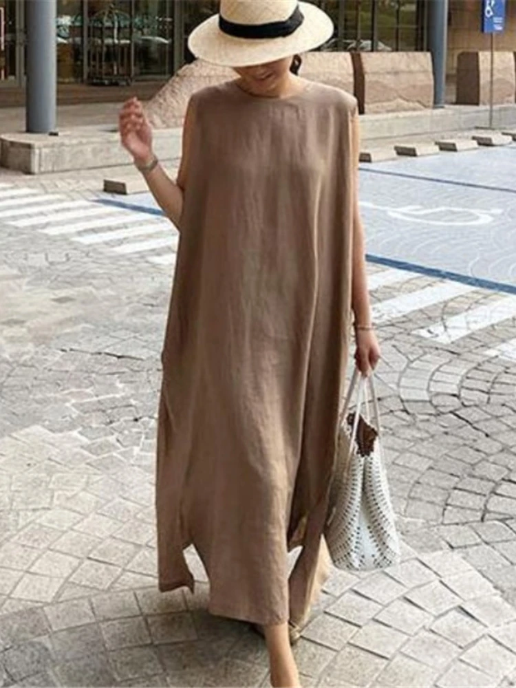 

Летние платья для женщин 2023, однотонные свободные женские длинные платья без рукавов с разрезом, новинка, женская одежда, уличная одежда