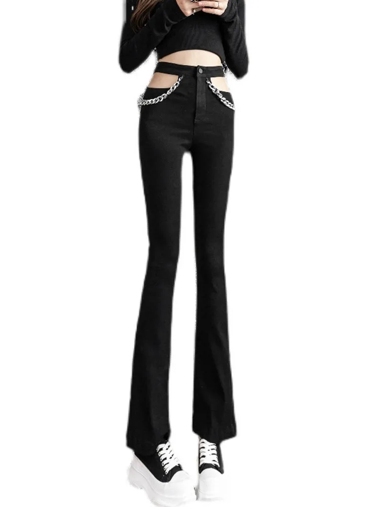 chain Cotton Jean Women Hollow Out Fashion Jeans Woman High Waist Pants Straight Leg Black Denim Clothing Streetwear levis jeans