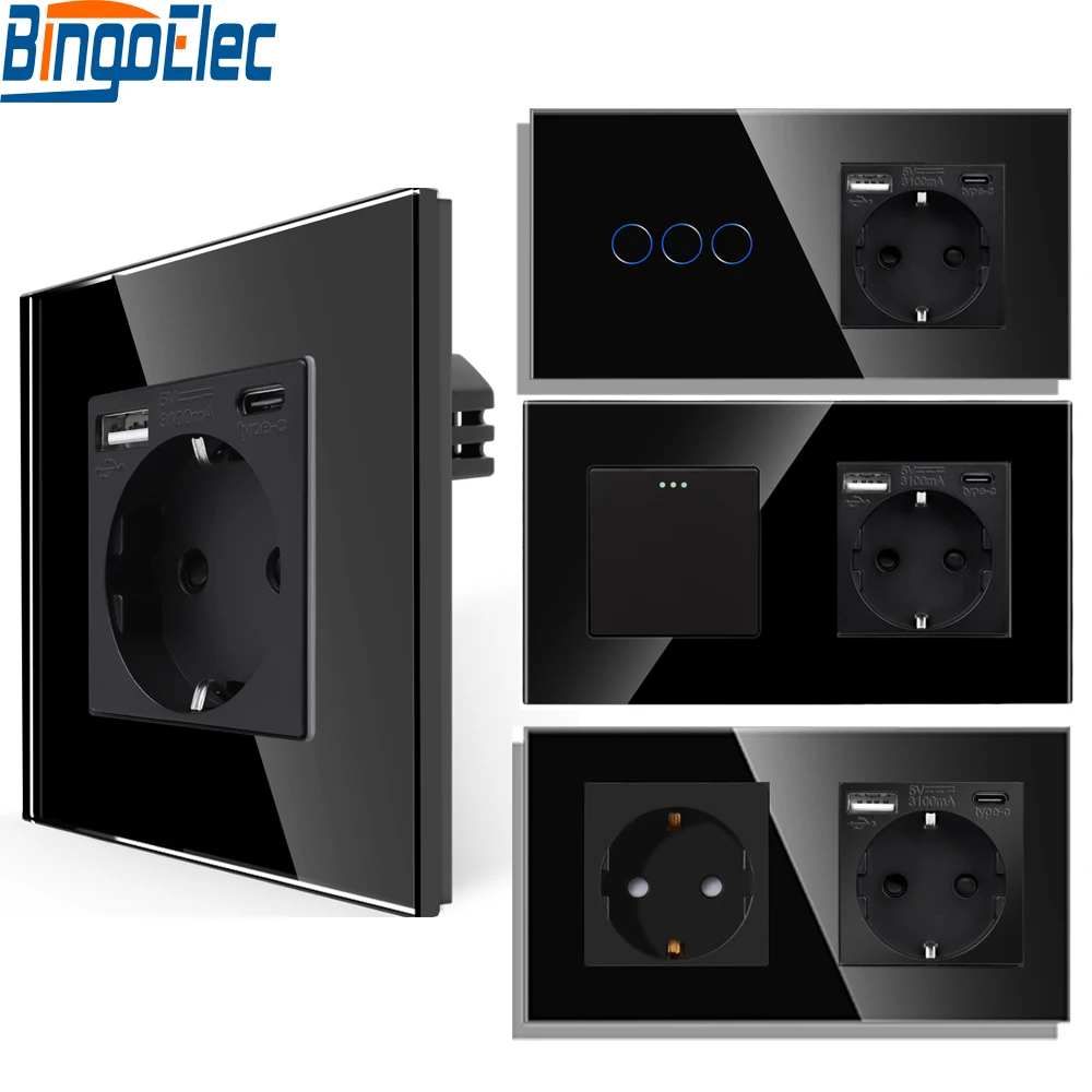 Bingoelec Eu Standard Wall Light Switch Black Crystal Glass Panel