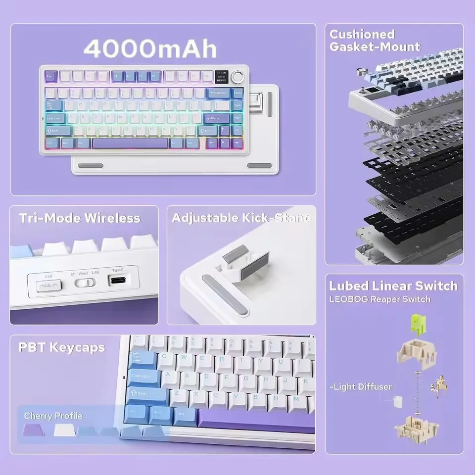 AULA F75 MAX Customized Wireless Tri-mode Mechanical Keyboard Wireless Hot-Swap RGB 75% 80 Keys E-sports Gaming Office Keyboard