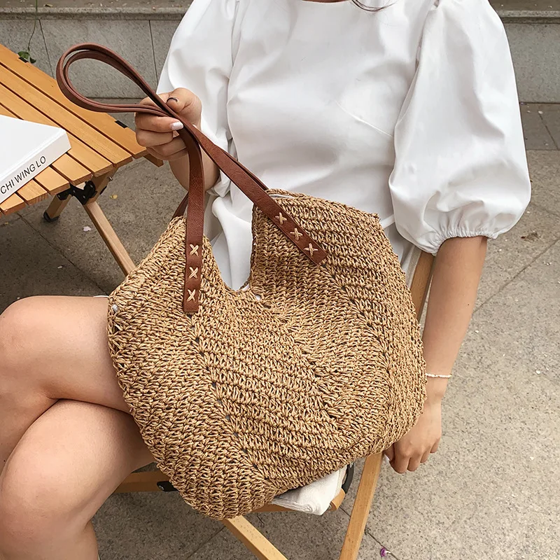 Casual Large Capacity Straw Shopping Tote Bag Hollow Woven Women Shoulder Bags Summer Beach Travel Lady Wicker Knitted Handbag