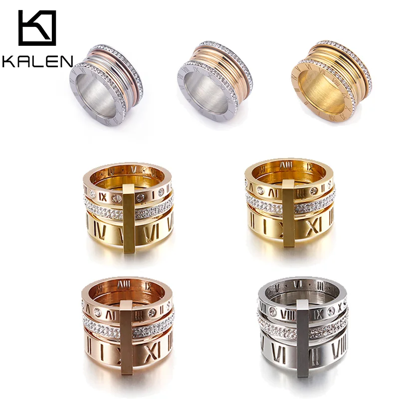 Roman Numeral Rhinestone Stainless Steel Girl Pattern Charm Finger Ring Size6-9
