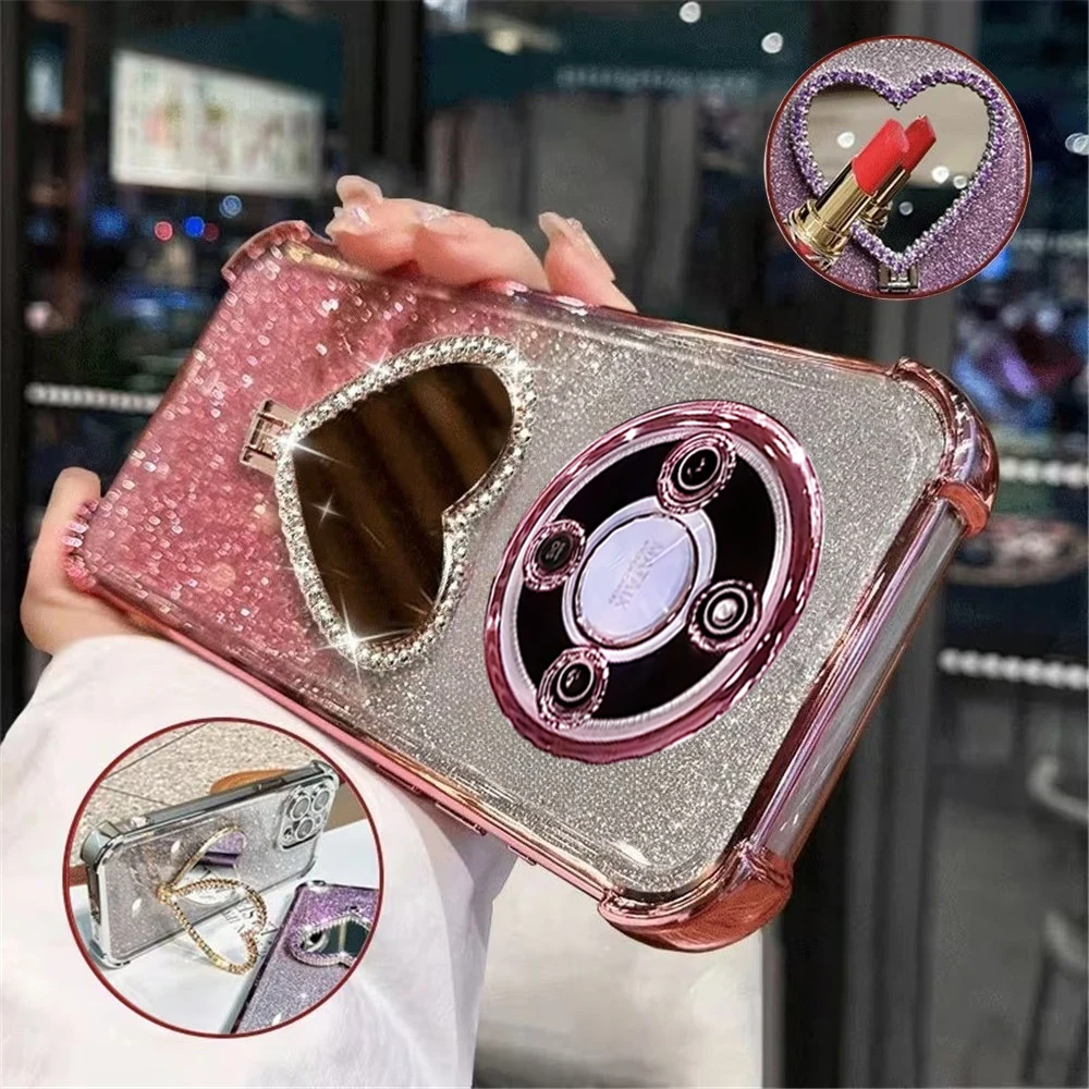 Glitter Heart Mirror Holder Stand Shockproof Soft Phone Case